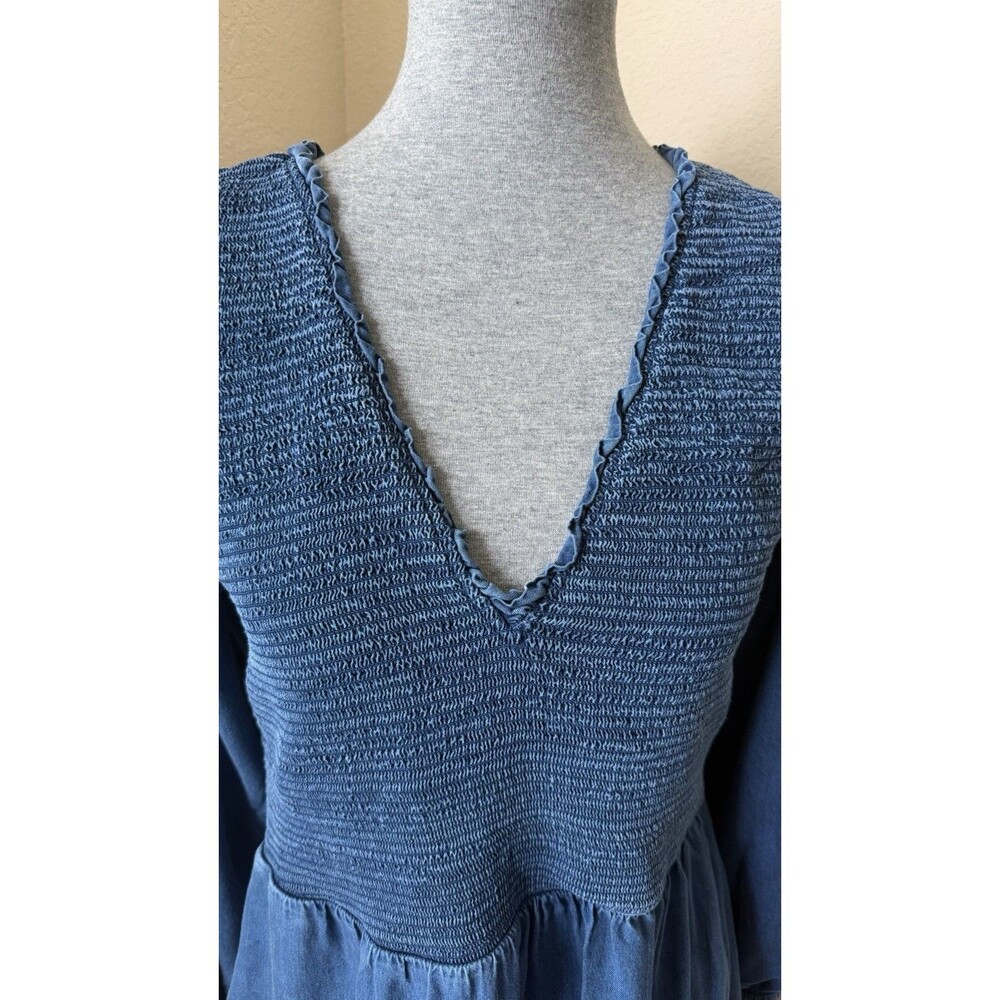 Old Navy Women's Dark Wash Blue V-Neck Smocked Bodice Long Sleeve Midi Dress - Picture 2 of 10